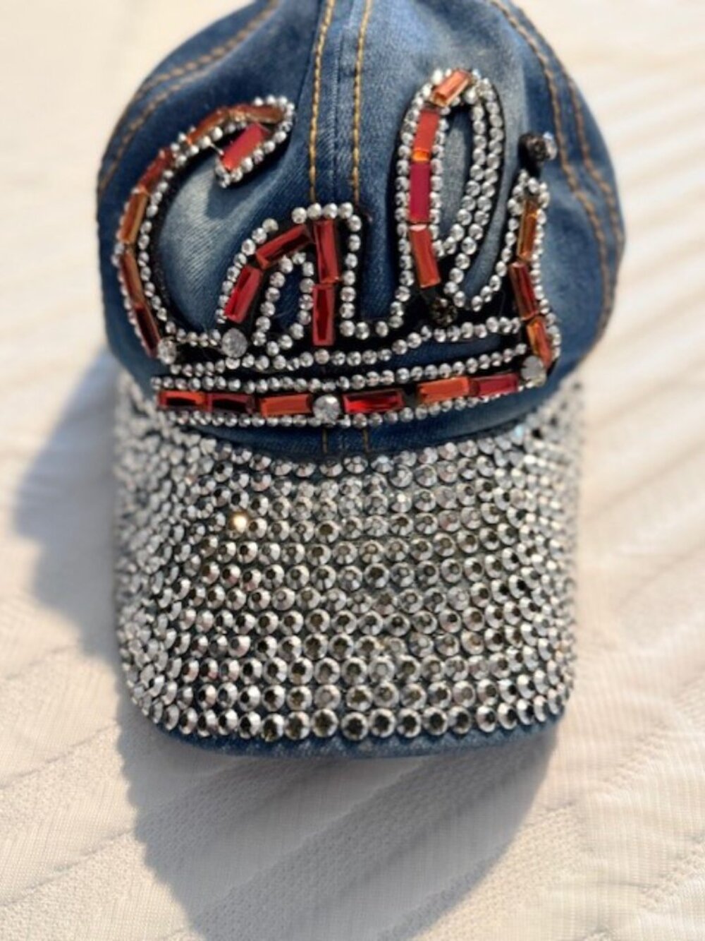 Cali Denim Baseball Cap Rhinestone Studded Bling Hat - Picture 1 of 9